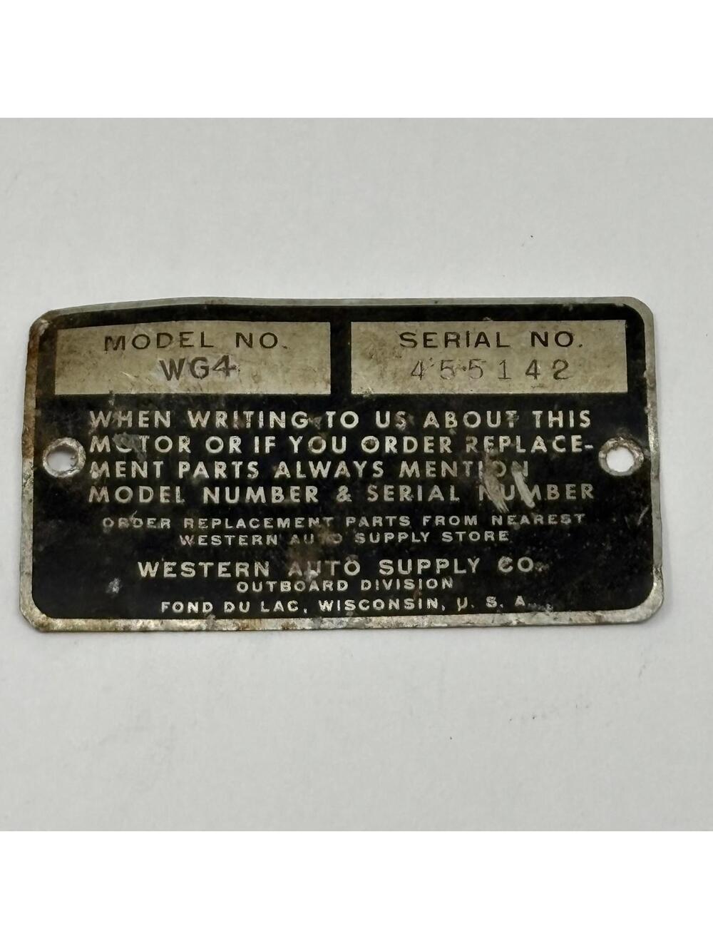 Western Auto Supply Co. Outboard WG4 Model Serial Number ID Tag Name Plate